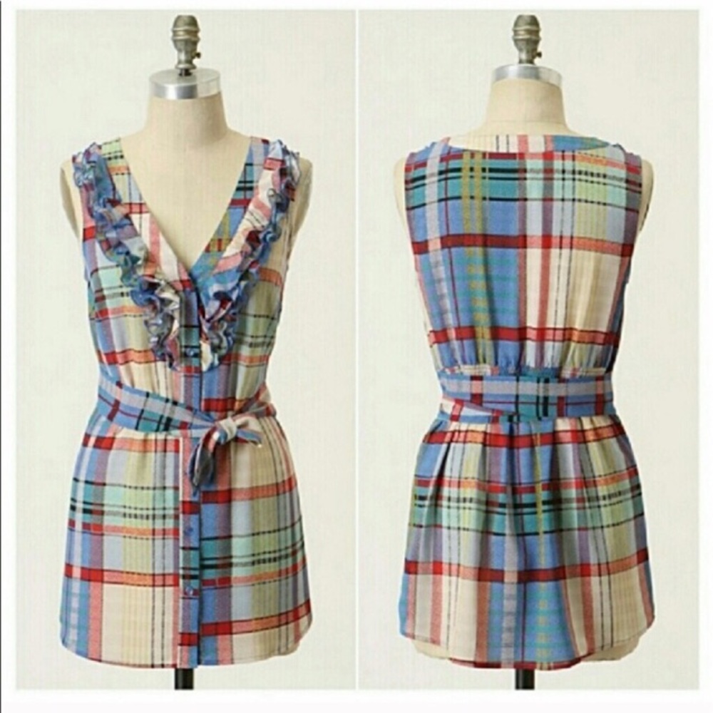 Anthropologie sleeveless plaid ruffle blouse
